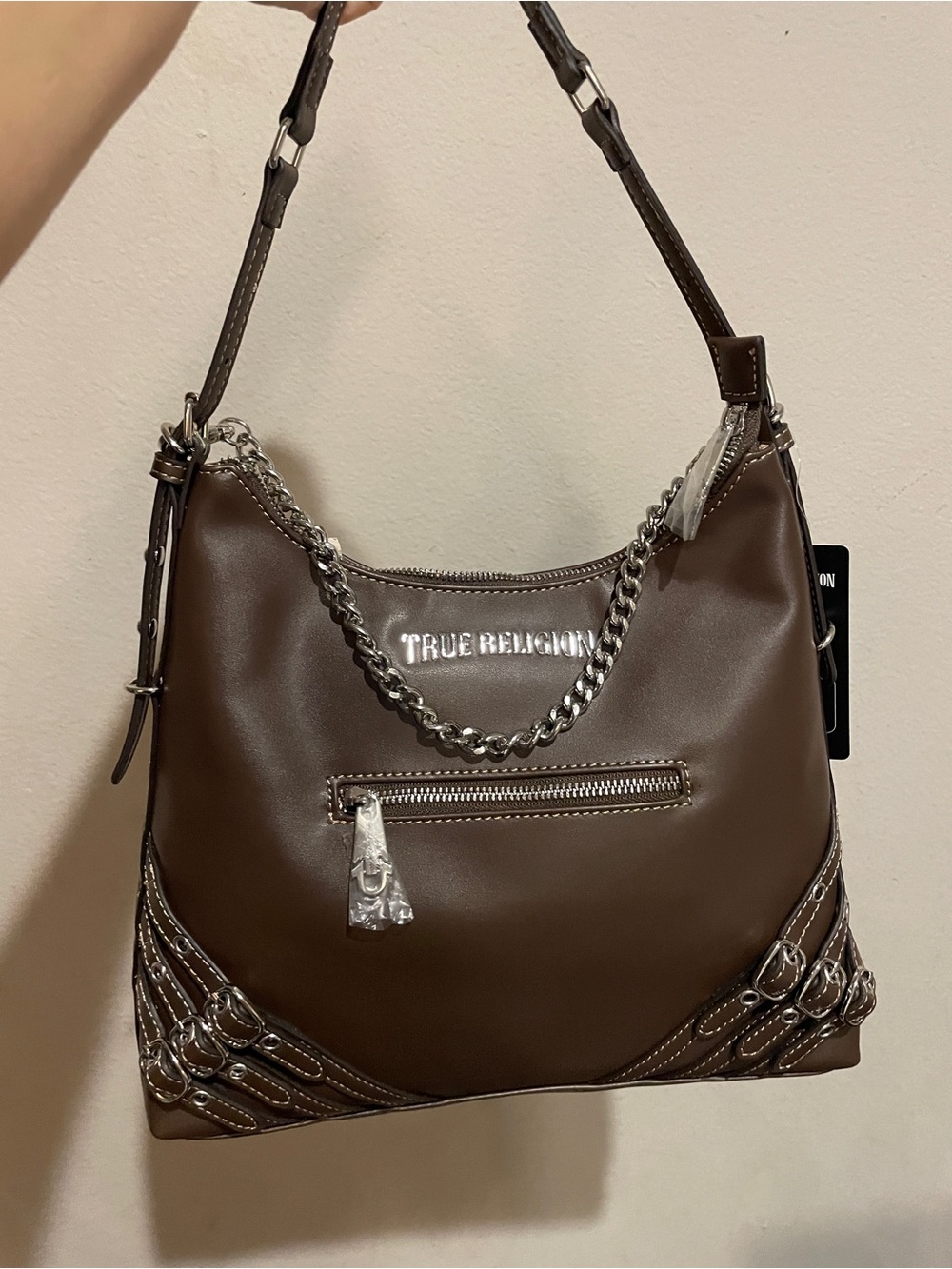 True Religion Chocolate Brown Shoulder Bag with Silver Chain